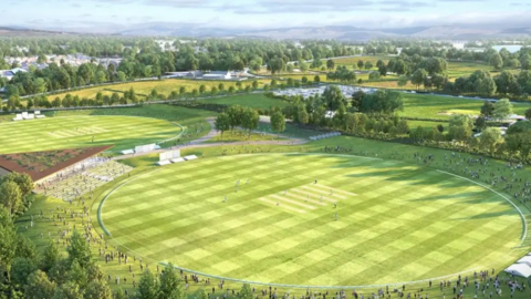 An artist's impression of how the ground at Farington would look with the drawing of fans watching on green grass banks and some sat in a stand 