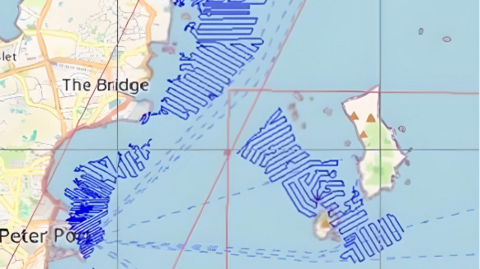 A map of guernsey and herm, showing in blue lines, where the boat will survey the seabed.