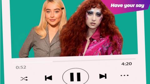 Sabrina Carpenter and Chappell Roan inside a media player layout with words in the top corner inviting readers to 'have their say' on the subject. 
