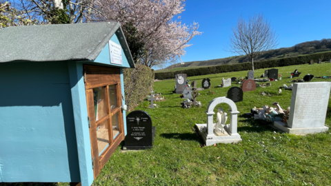 A small blue wooden house with a door. There are graves nearby. There is a hill with a white chalk horse in the distance.