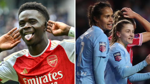 Bukayo Saka celebrates, Manchester City women's players celebrate