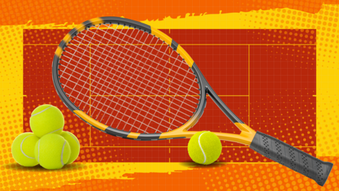 A graphic of a tennis racquet on a clay court