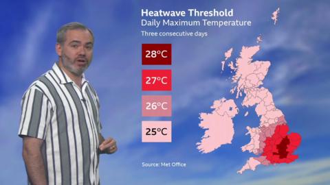 Ben Rich in front of a weather map showing heatwave thresholds in UK.