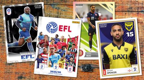 Adebayo Akinfenwa legend sticker, Jamie Reid of Stevenage sticker, Coventry City club crest shiny sticker, the EFL 2025/26 Official Sticker Album from Panini