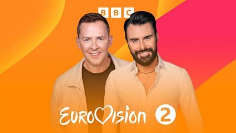 Radio 2 Eurovision banner with Rylan Clark and Scott Mills