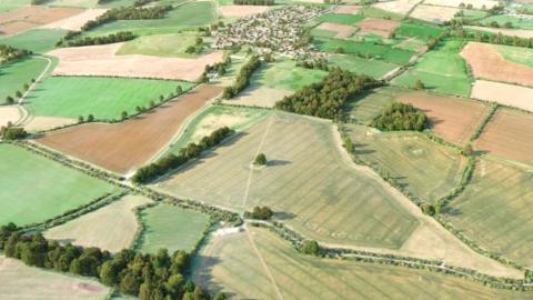 A patchwork of fields and small clusters of trees, viewed from above, in a computer-generated image.