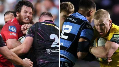 L-R:  Marnus van der Merwe of Scarlets is challenged by Ospreys' Dewi Lake and Ben Thomas tackles Tinus de Beer