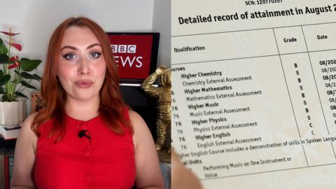 Composite image: Journalist Alice Cruickshank on the left and an SQA record of attainment on the right