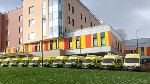 Twenty-five ambulances waiting outside Royal Stoke University Hospital.