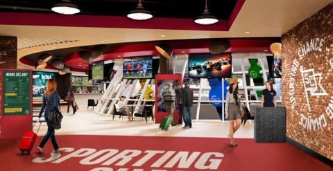 A CGI image of passengers walking ito a bar area 