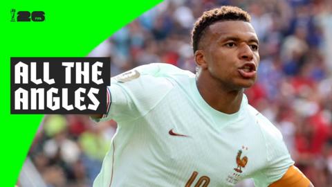 Kylian Mbappe runs with his arms spread apart to celebrate scoring the opener for France against Morocco in the 2026 World Cup.