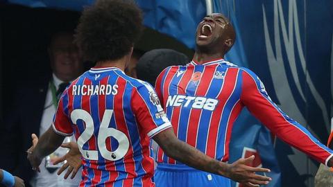 Jean-Philippe Mateta celebrates with Chris Richards after scoring for Crystal Palace against Brentford in the Premier League