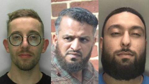 A composite image of three people. James Lea (left) is shown in a custody picture, wearing large round black framed glasses. Omar Hassanjee (centre) is shown walking outside, looking away from the camera. He has a dark beard and is wearing a distinctive tartan fleece. Mohammed Ishmail (right) is shown in a custody picture, and has short dark hair and a beard. 