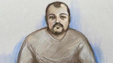 Court artist sketch by Elizabeth Cook of Anthony Russell.