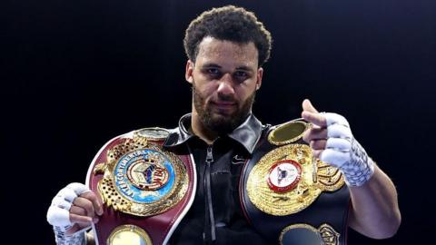 Moses Itauma poses with his title belts after beating Jermaine Franklin Jr in March 2026