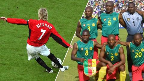 Split image of David Beckham taking a free kick, and the team of Cameroon players lining up with sleeveless football shirts