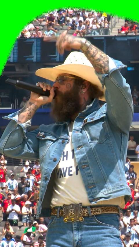 Post Malone in double denim at the World Cup final closing ceremony.