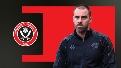 Sheffield United club badge with a photo of boss Ruben Selles