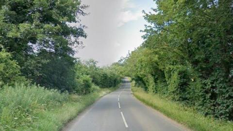 An empty rural road, flanked by grass verges and trees.