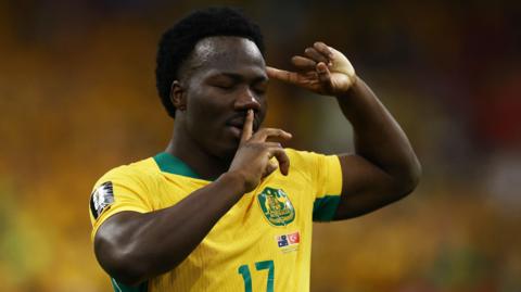 Nestory Irankunda celebrates giving Australia lead against Turkey at Fifa World Cup 2026