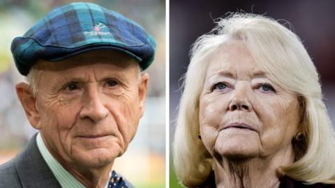 Composite image featuring headshots of Fergus McCann and Ann Budge. McCann is wearing a grey suit, green and white striped shirt and a green and blue tartan bunnet-style cap. He is looking off to the left of the camera. Budge has shoulder-length blonde hair, combed in a side parting. She is looking into the distance, over the camera.