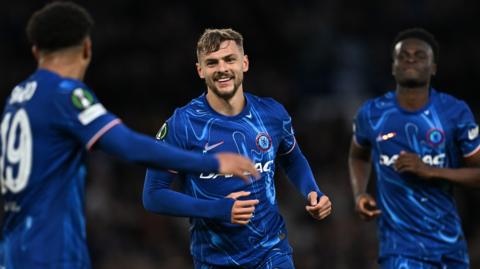 Kiernan Dewsbury-Hall of Chelsea celebrates scoring against Djurgarden.