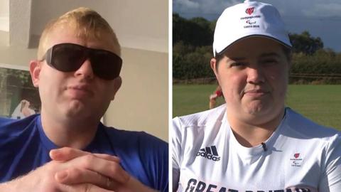 On the left is a screengrab from a Zoom interview with Chris Skelley. He is wearing a dark blue T-shirt and looking down at the camera, with his hands interlinked and wearing dark sunglasses. On the right is a screengrab from an interview with Victoria Rumary, who is looking directly down the barrel of the camera, in her red, white and blue Team GB kit and a white baseball hat. She is in a wheelchair in an archery field