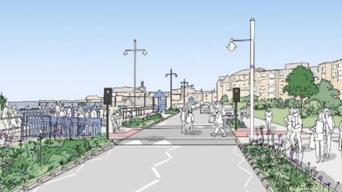 Artist's impression of the rain gardens and footway between the road and the sea wall.