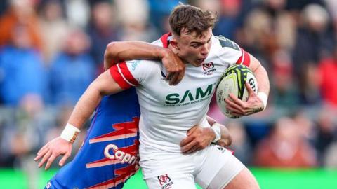 Ulster's Jack Murphy is tackled by Zack Henry of Stade Francais