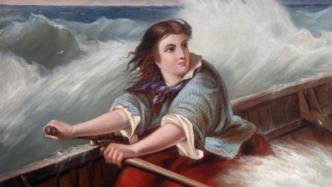 A painting of Grace Darling who is determinedly rowing a small wooden boat through ferocious waves. She is pictured with long brown hair.
