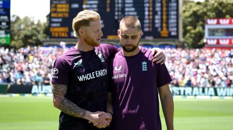Englan captain Ben Stokes consoles Will Jacks after their Ashes defeat by Australia