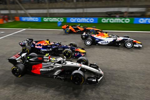 Audi Gabriel Bortoleto, Red Bull's Max Verstappen, Racing Bulls' Arvid Lindblad and McLaren's Norris practise their race starts during pre-season testing in Bahrain