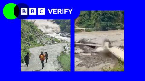 A composite image showing screengrabs from two verified videos that have emerged from Nepal following floods. The picture on the left shows people fleeing from the flood water, and the second image shows a destroyed bridge.