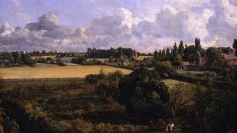 An oil painting by John Constable of a countryside. There are multiple green fields on the left of the painting, with houses and trees to the right. 