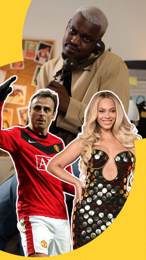 Karel Prince in studio, cutouts off Berbatov and Beyonce in foreground