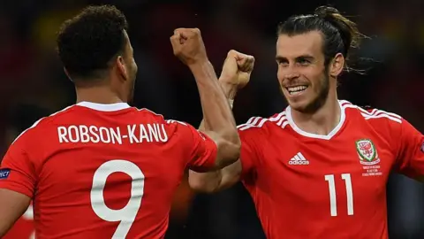 Gareth Bale and Hal Robson-Kanu celebrate at Euro 2016