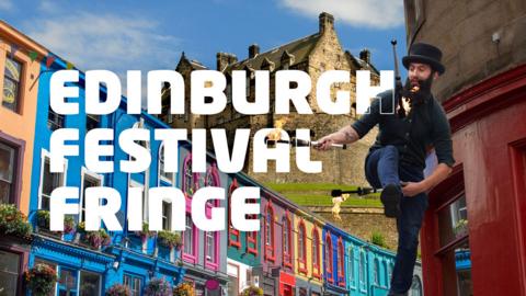 Landmarks of edingburgh including the castle and a street with colourful buildings along with a juggling street performer and the words Edinburgh Festival Fringe.