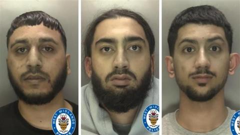 A mugshot of three men with black hair and beards
