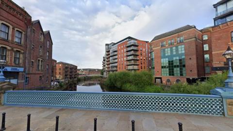 Google Maps screenshot of a bridge over River Aire in Leeds