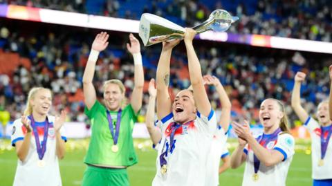 England's Grace Clinton, in England football uniform, holding the trophy. Other teammates are around her in uniform. They are stood on the pitch and are all smiling and wearing medals. There are crowds in the stadium. 