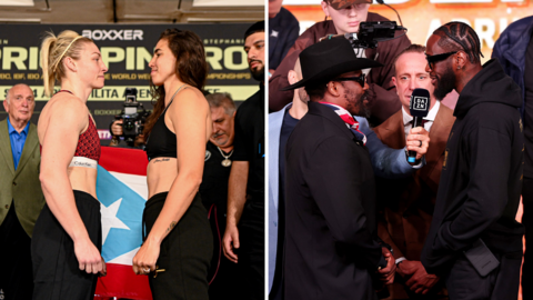 Split image of Lauren Price facing off with and Derek Chisora with Deontay Wilder