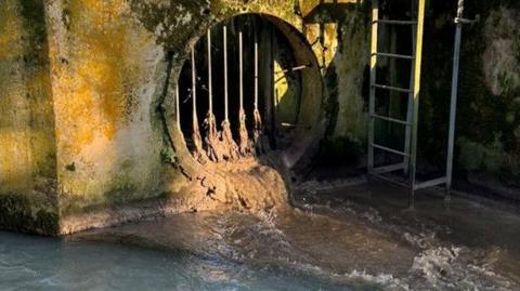 Dirty sewage brown water is gushing into a river from a stormwater overflow that is a large round hole with thin metal poles across it in a concrete pipe 