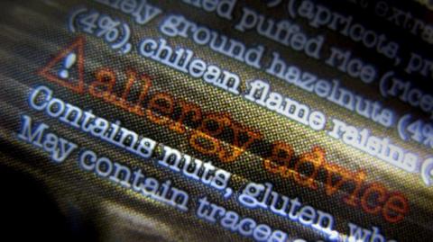 The image shows a close-up of food packaging text, focusing on allergy information. The design includes a warning triangle with an exclamation mark, followed by the words “allergy advice” in bold orange-red lettering. Beneath that, the text states: “Contains nuts, gluten, wheat” and “May contain traces of seeds.”

