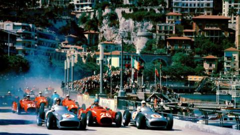 Classic racing cars are shown on the racetrack at the Grand Prix in Monaco. 
