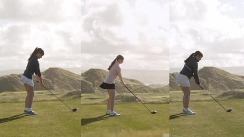 Three girls about to tee off at golf