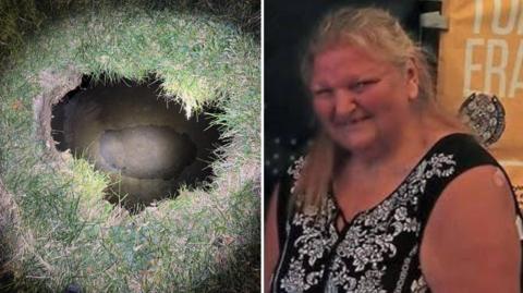 A composite image showing the sinkhole and Elizabeth Pollard. Mrs Pollard is smiling at the camera, has long blonde hair, and is wearing a black top with white pattern. The sink hole is lit by a torch light and is surrounded by grass at the opening.