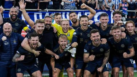 The Kilmarnock squad celebrate in front of the fans as they win a UEFA Conference League qualifying match between Tromso and Kilmarnock at the Romssa Arena, on August 15, 2024, in Tromso, Norway.