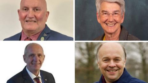 Clockwise from top left, Chris Watkins is wearing a blue jacket and red tie, Susan Juned has grey hair and glasses, Ian Davison is outside wearing a blue top and David Wright has a dark jacket and white shirt.
