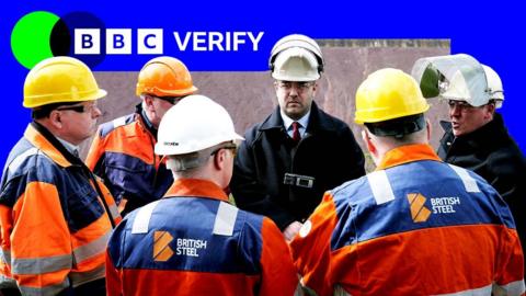 British Steel staff standing in front of blast furnaces during Deputy Prime Minister Angela Rayner's visit to the site in Scunthorpe, Lincolnshire.