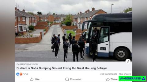 A screenshot of an AI-generated image showing a group of South Asian men in black tracksuits next to a white coach in a suburban housing estate as part of a posted Facebook link. Underneath there is a headline from Darren Grimes's blog saying, Durham is Not a Dumping Ground: Fix the Great Housing Betrayal. 5,500 people have reacted to it and there are 760 comments and 665 shares.